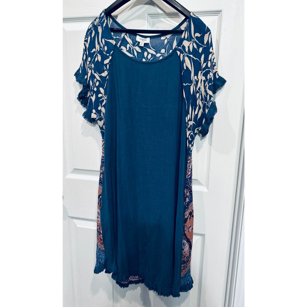 Umgee Linen Cotton Boho Paisley Fringed Mini Dress Pockets Size M Navy Blue EUC